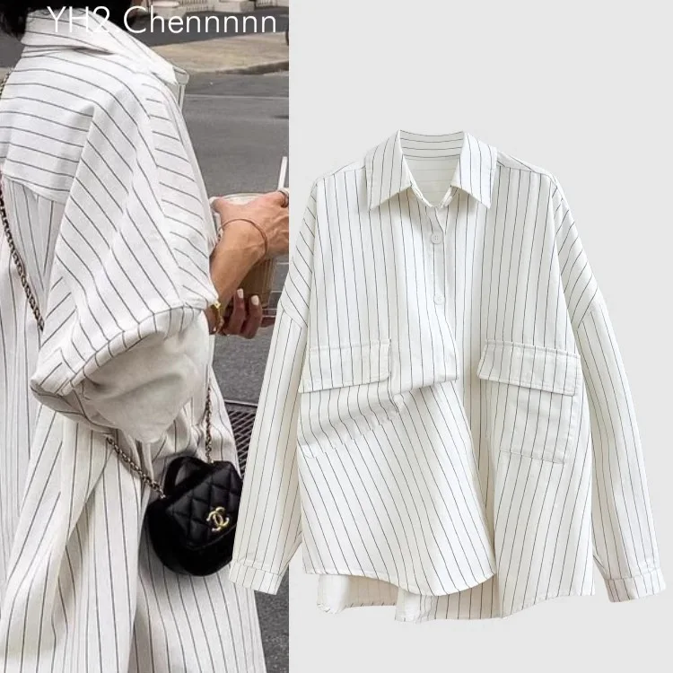 

SuperAen Spring and Summer New Korean Style Mid-length Casual Striped Loose Shirt Long-sleeved Women Vintage Shirt