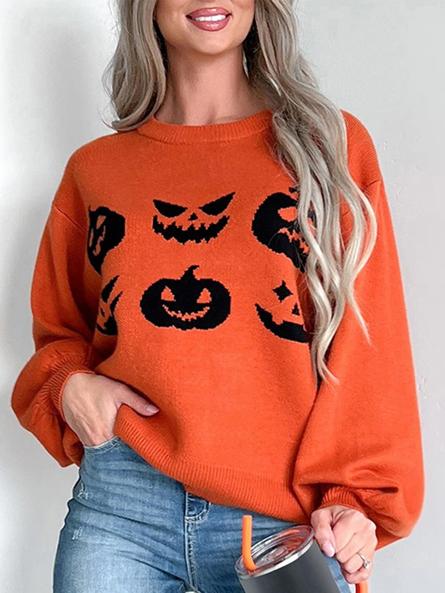 Women s Hallowee Autumn Sweaters Pumpkin Ghost Face Print Long Sleeve Round Neck Knitwear