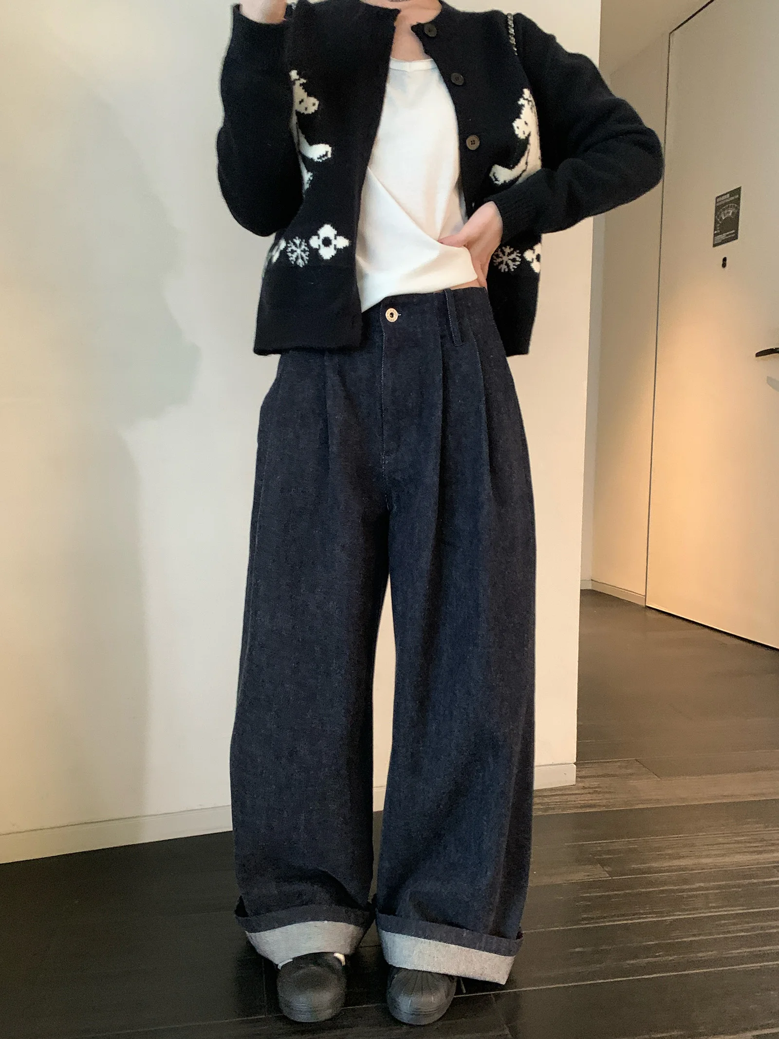 

Джинсы с широкими штанинами в стиле ретро, оригинального цвета, плиссированные, повседневные, с завышенной талией, из хлопковой ткани, на молнии, свободного кроя