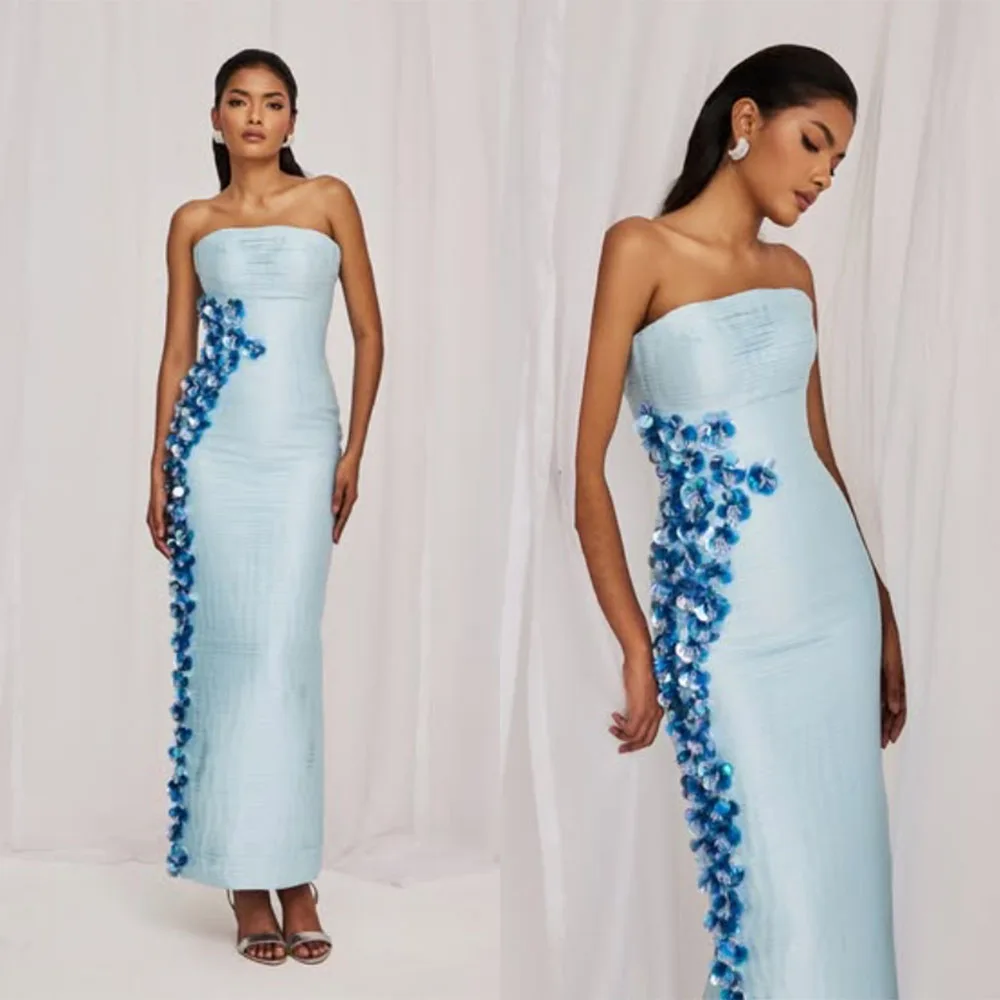 High Quality Customized Ankle Length Strapless Straight Sleeveless Appliques Vestidos Elegantes Para Mujer Para Una Boda فساتين