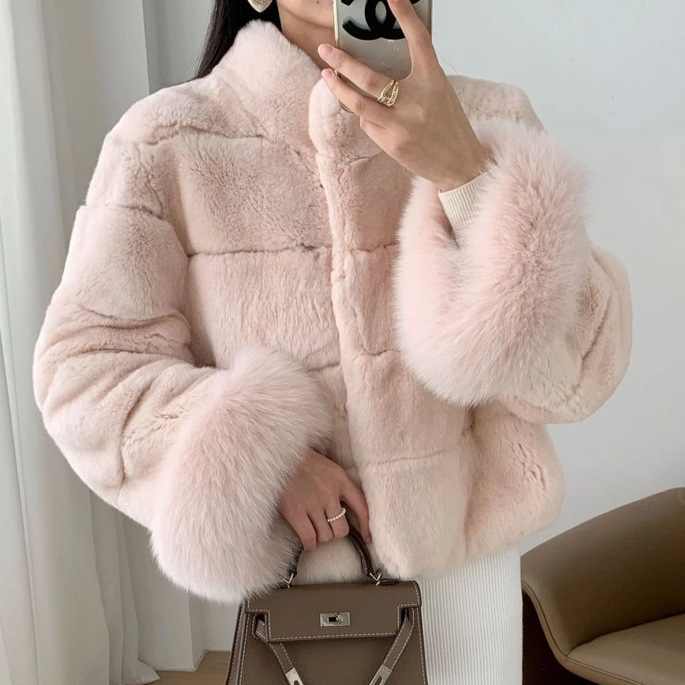 الشتاء النساء معطف فرو الأرنب الصناعي الوقوف طوق تقليد فرو المنك نصف كم سترة فروي الثعلب الشعر سترة يتدفقون الفراء القمم