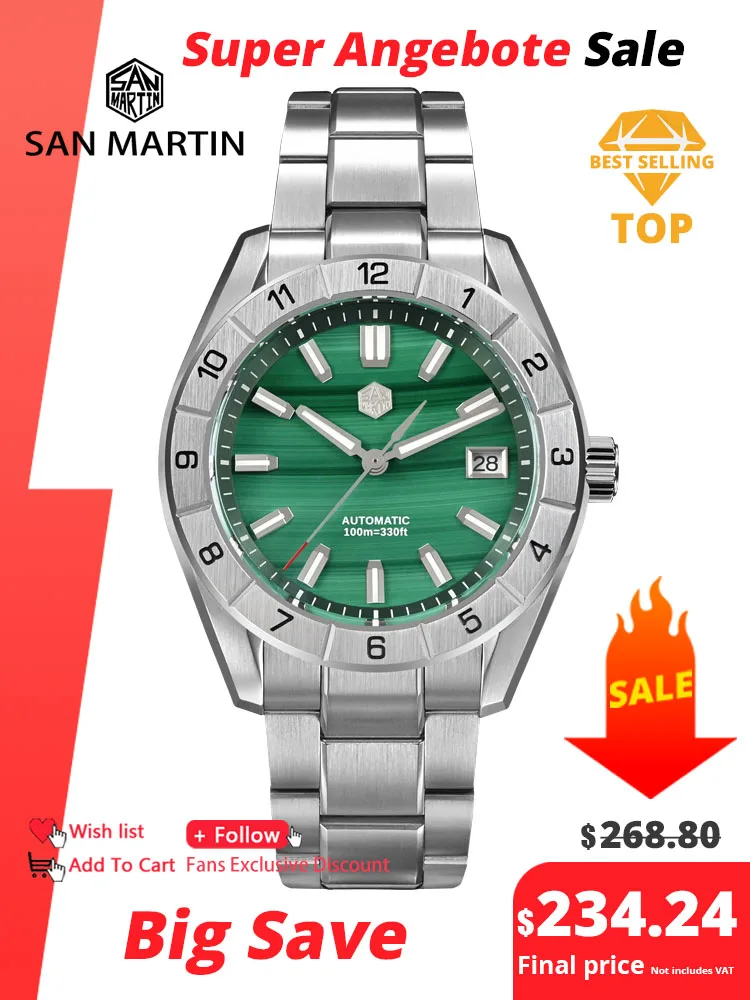 San Martin Nieuwe 42mm Pauw Edelsteen Wijzerplaat NH35 Luxe Mannen Horloge Automatische Mechanische Saffier 100M Waterdicht Lichtgevende SN0130