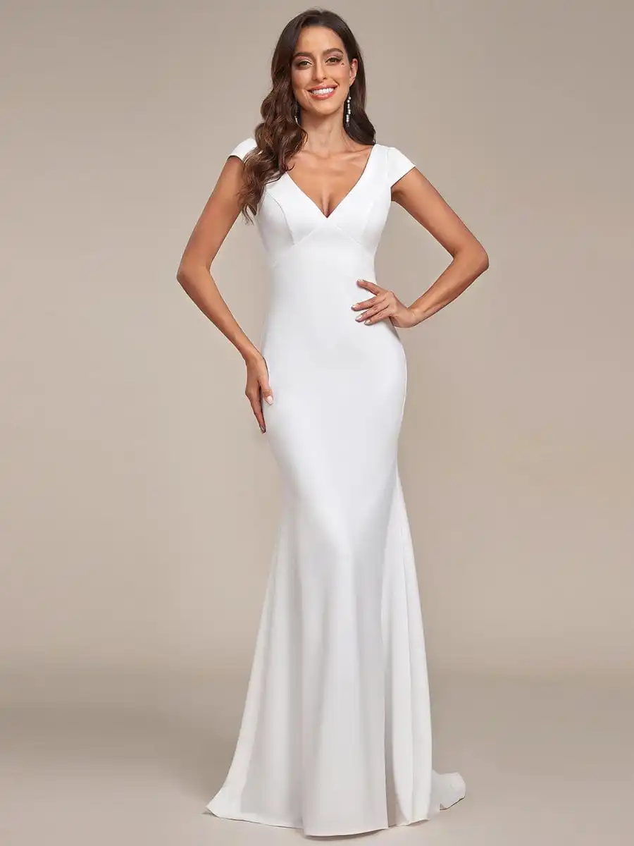 Elegant Wedding Dresses Cap Sleeve Deep V-Neck Backless Ever Pretty 2025 of Mermaid A-line Fishtail White Dresses