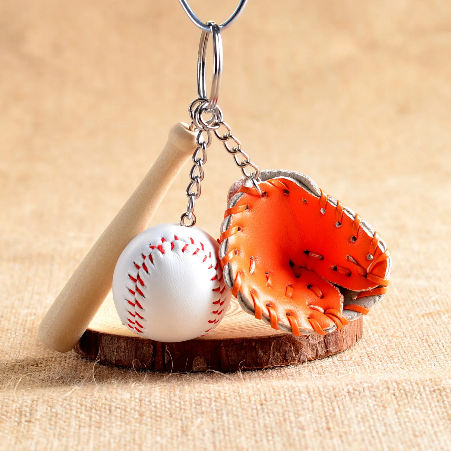 Mini Three-piece Baseball glove wooden bat keychain sports Car Key Chain Key Ring Gift For Man Women wholesale 1-17168 view 4