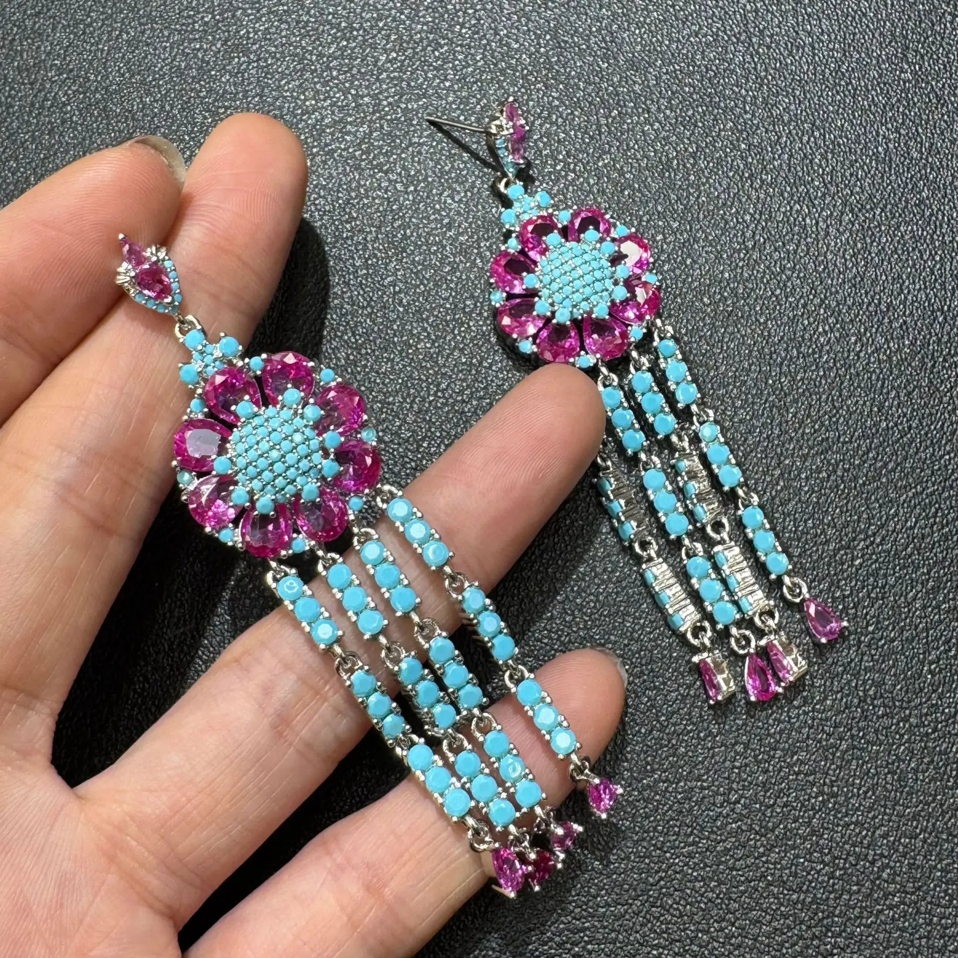 luxury cubic zirconia earrings for women shiny jewelry gala event party dangling earrings gold color yellow blue flower chain