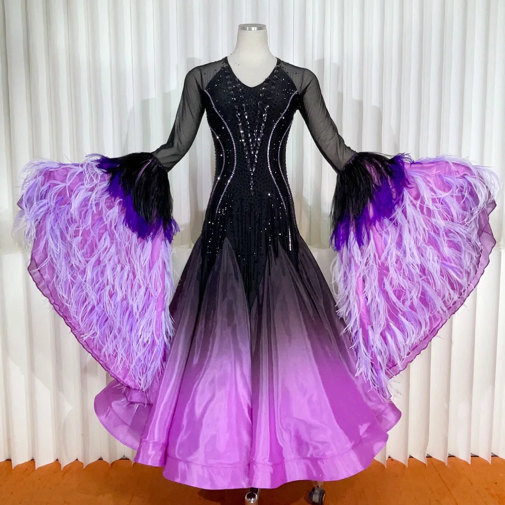 

2024 New Shading Purple On Black International Standard Ballroom Modern Waltz Tango Fox Trot Dance Dress For Competetion BR1224