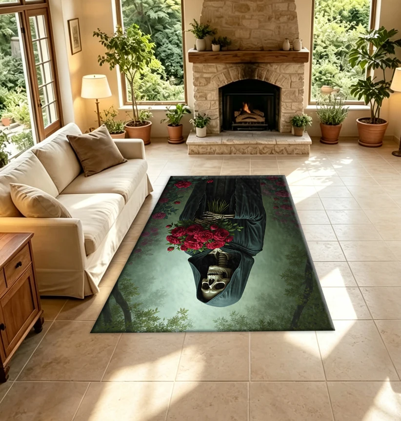 Gothic Skeleton with Red Roses Carpet Flooring Dark Art Themed Printed Household Floor Mat