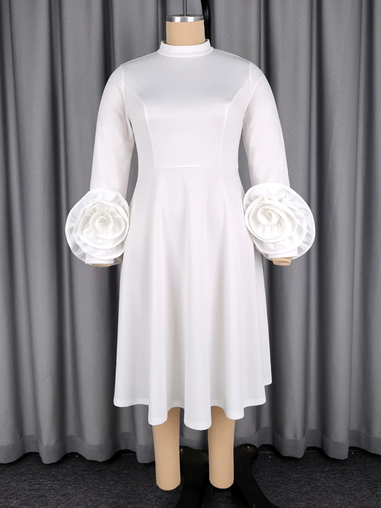 JENYAGE Damen schickes Midikleid mit hohem Kragen und langen Ärmeln, 3D-Rosenblüten-Manschetten, schmal geschnitten, A-Linie, einfarbig, dehnbar, elegantes formelles Partykleid – Detail 8