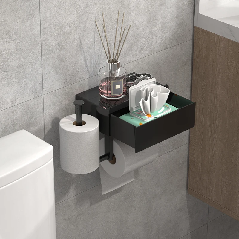 Black wall mounted toilet paper holder with shelf, no drilling required, drawer style tissue box, essential bathroom organizer
