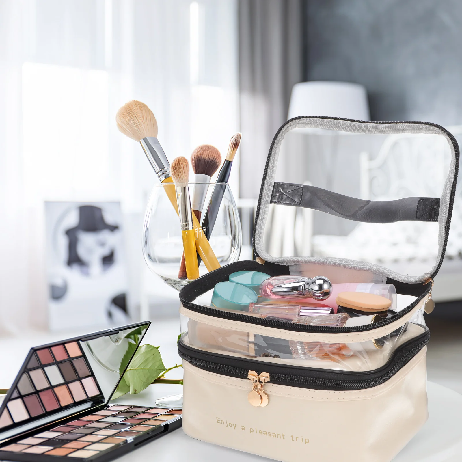 

Double Layer Travel Makeup Bag Large Capacity Water-Resistant Toiletry Organizer Handle Elastic Bands Women College Essentials