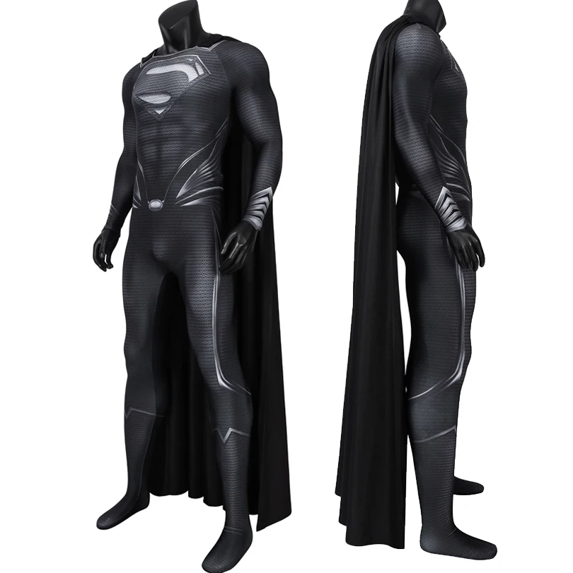 Zentai Adult Halloween Justice Superhero Cosplay Clark Costume 3D Printing Steel Men Black Jumpsuit With Cape Hero Kal Bodysuit