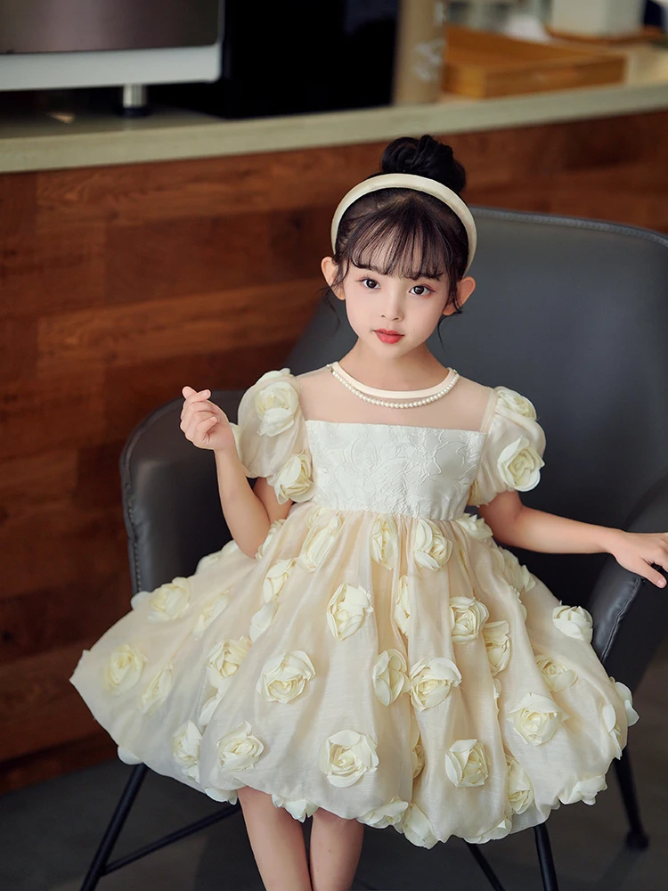 

Girl's Cake Princess Dress Temperament Solid Color New Dress Back Butterfly Bubble Sleeves Three-Dimensional Flowers 4-14T
