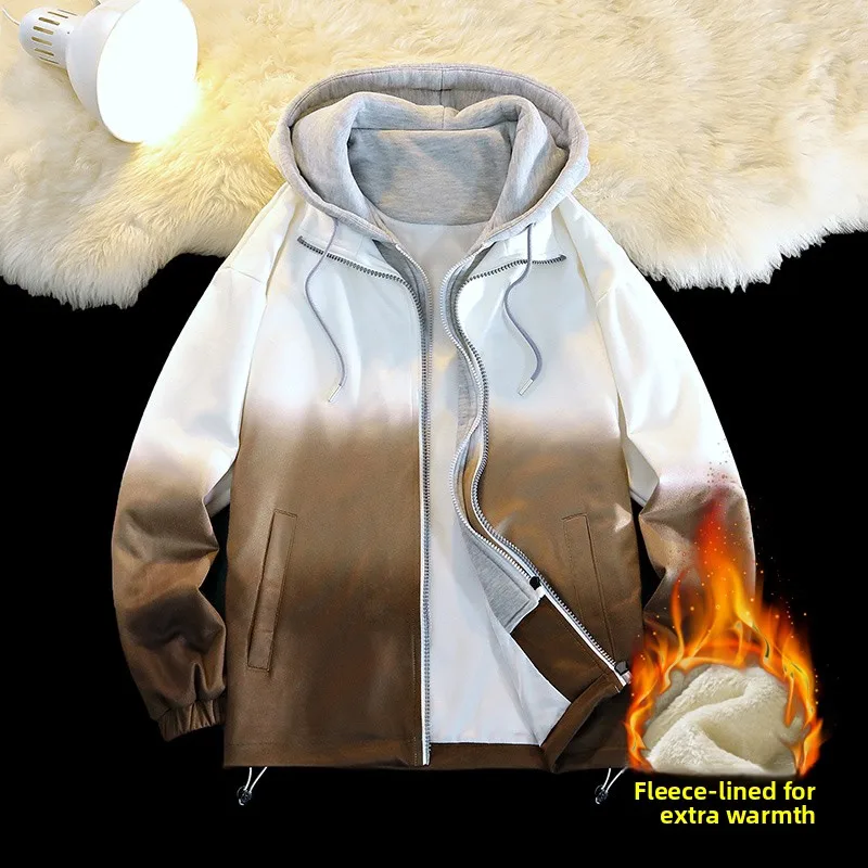 

New Casual Hooded Jaet Fake Two-Piece Men's Autumn Winter Thiened Loose Fit Faion Brand Color Blo Sle Polyester Fiber