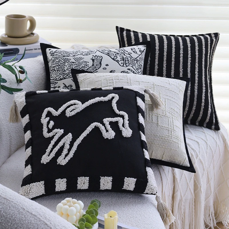 45X45CM Retro tufting Throw Pillow Cover Black White Geometric Homestay Cushion Cover Decor Home Decorative Pillowcase