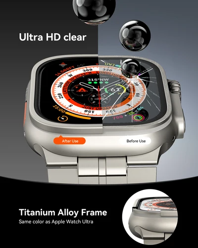 Imagen 2 del producto LULULOOK 2 paquetes de protectores de pantalla para Apple Watch Ultra, vidrio templado 9H y funda de marco de parachoques de aleación de titanio separada para iWatch