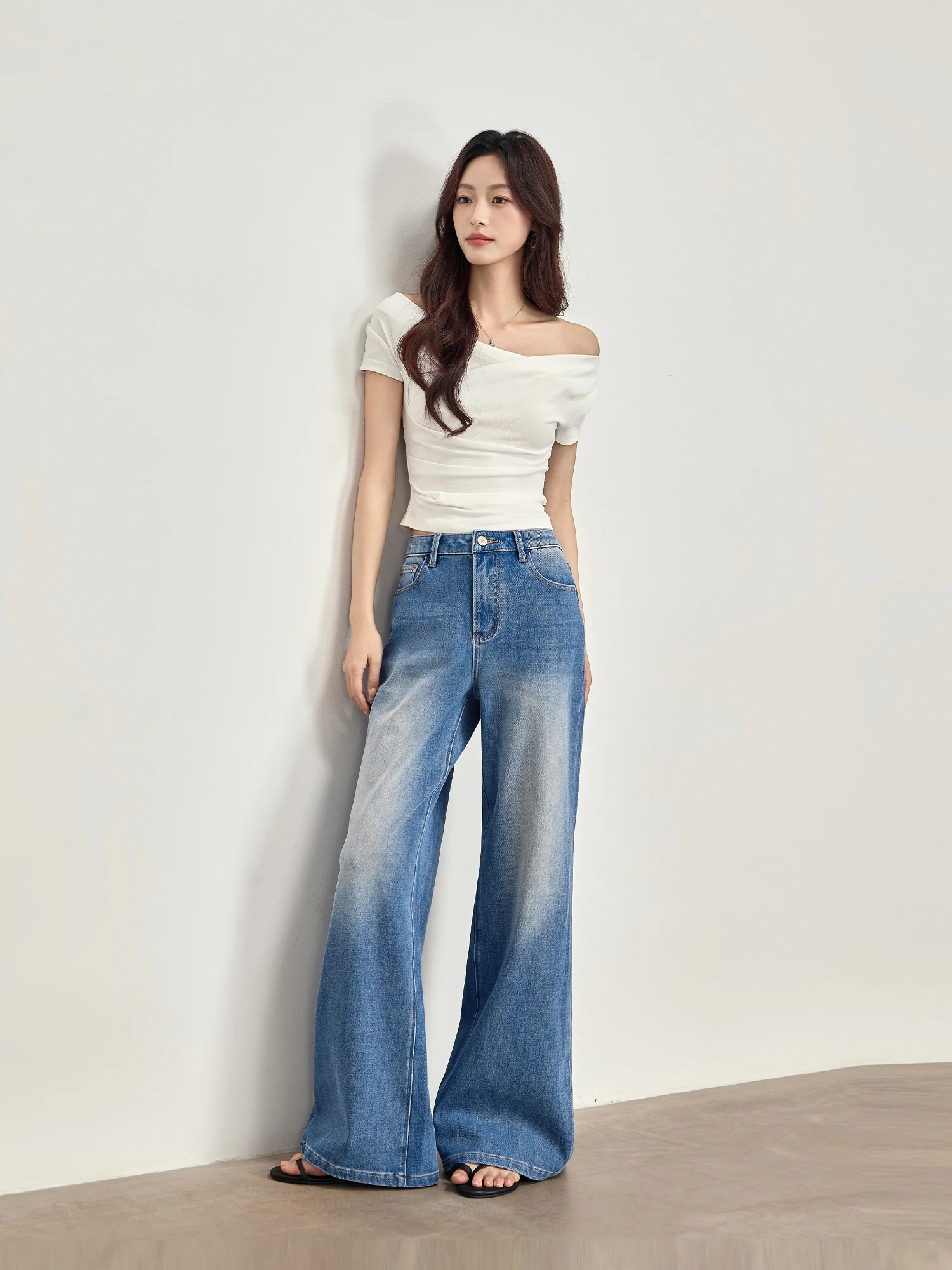 

Waed Blue Jeans High Waist Wide Leg Pants Loose Straight Cut Summer Slimming Trousers for Women Simple Sle l Waist