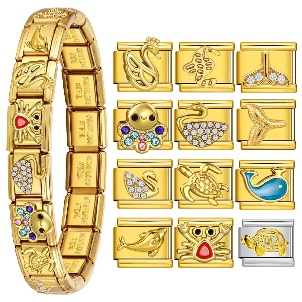 Vergoldete Tier-Anhänger (Krabbe, Oktopus, Delphin, Seepferdchen) für italienische Charm-Armbänder, passend für 9mm Edelstahl-Armbänder, Schmuck für Damen und Herren – Detail 1