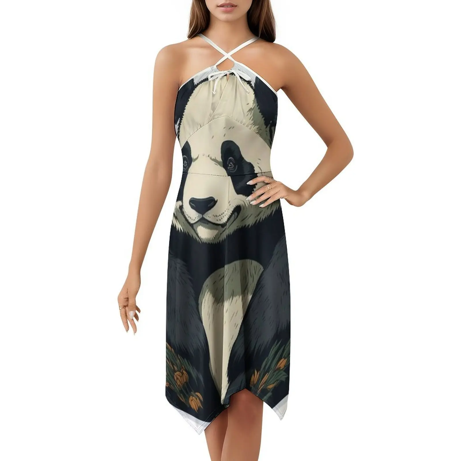 Cute Little Panda Bohemian Sleeveless Dress Multi-Print Beach Vacation Party Dress Cute Little Panda Drawing Cute Little