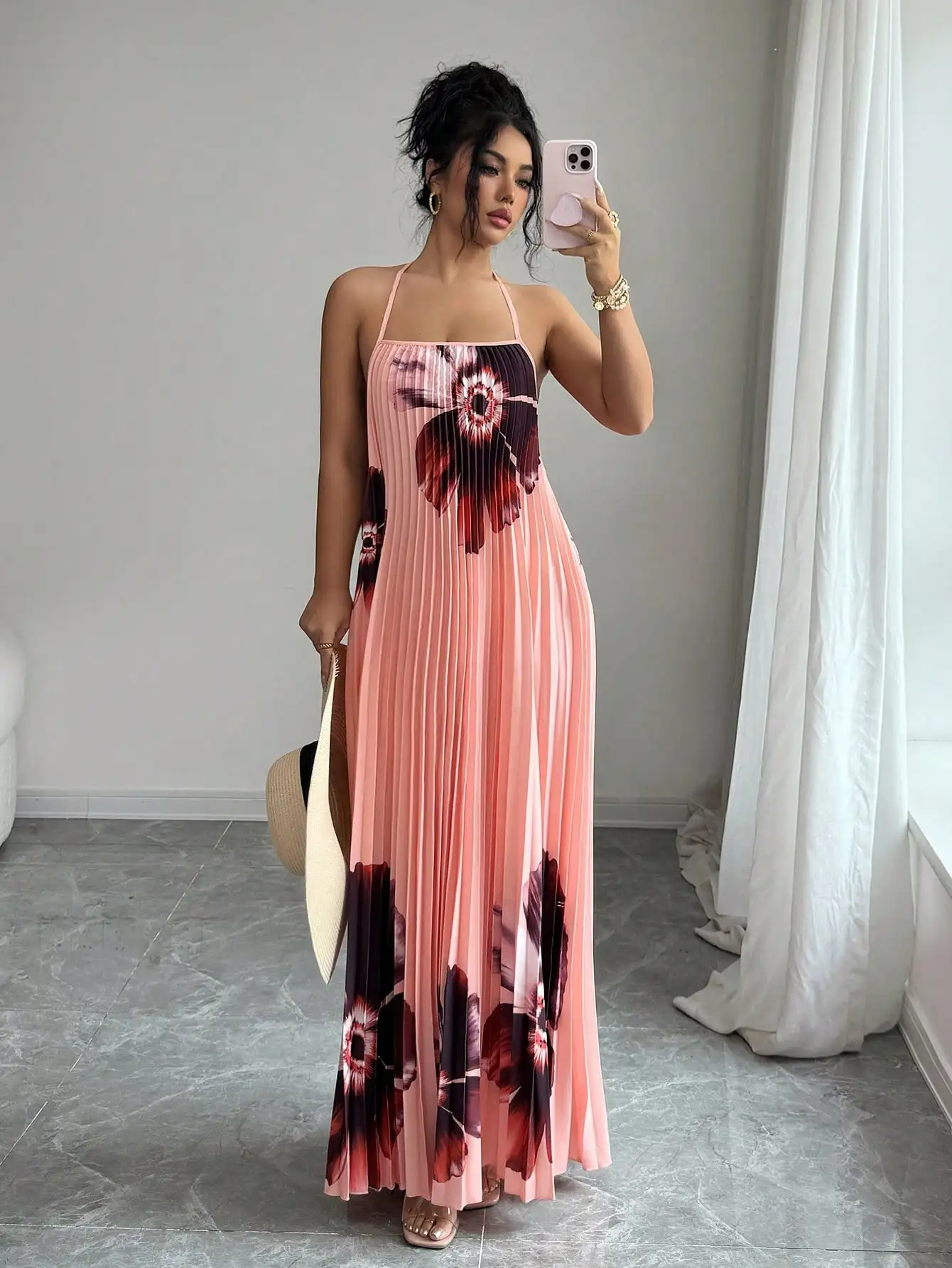 

Pink Pleated Maxi Dress With Large Floral Print, Sleeveless Loose Fit For Summer Casual And Vacation Outfits