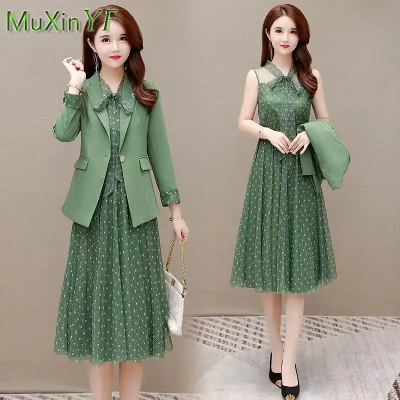 2024 Summer Autumn New Suit Jacket Floral Dress Two-piece Women Elegant Blazers Mesh Midi Dresses Set Female Professional Wear