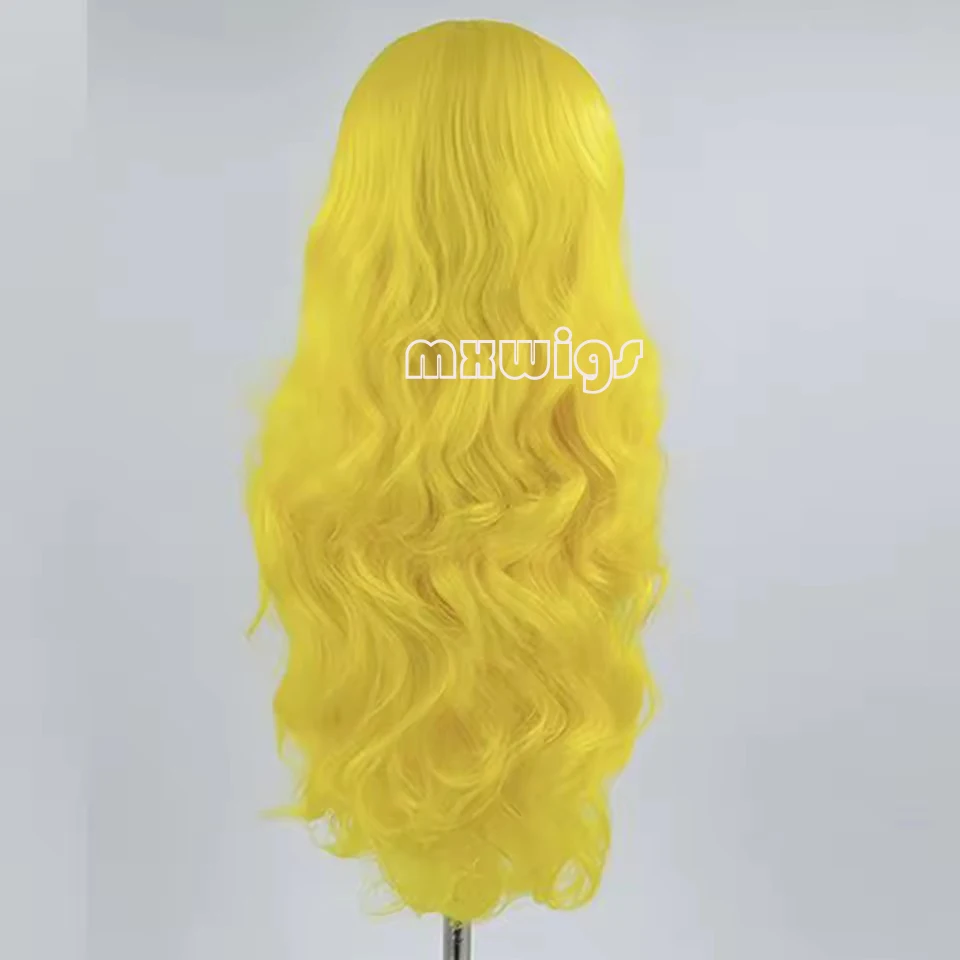 MXWIG الشعر الاصطناعية فضفاض موجة الأصفر غلويليس 13X4 الدانتيل شعر مستعار أمامي للنساء السود قبل قطعها طويلة اليومية الألياف تأثيري