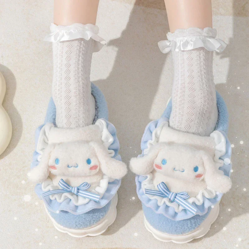 Sanrio Girls Cartoon Cotton Slippers Cute Soft Sole Cotton Shoes Outside with Warm and Thick Indoors Home Slipper Women Can Wear