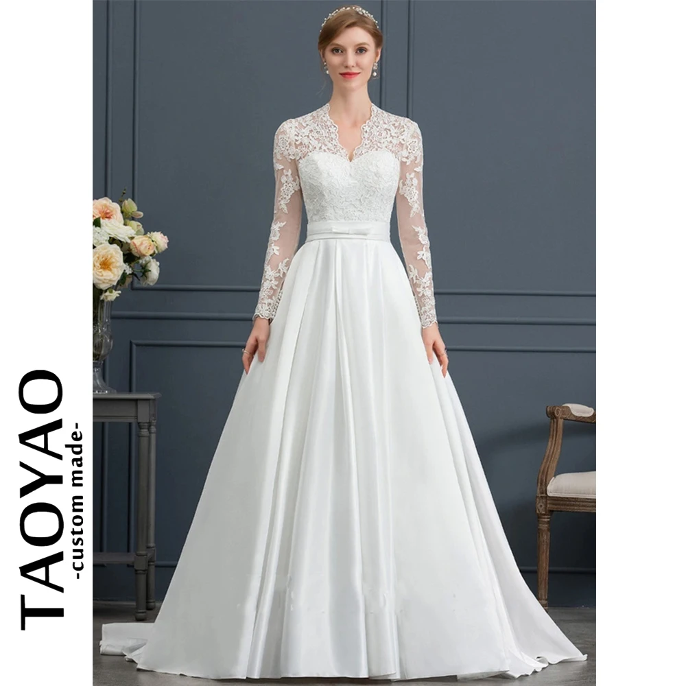 Vestido de novia de encaje de satén con cuello en V Para Mujer, vestido de baile de princesa, Vestidos de novia elegantes y bonitos Para Mujer