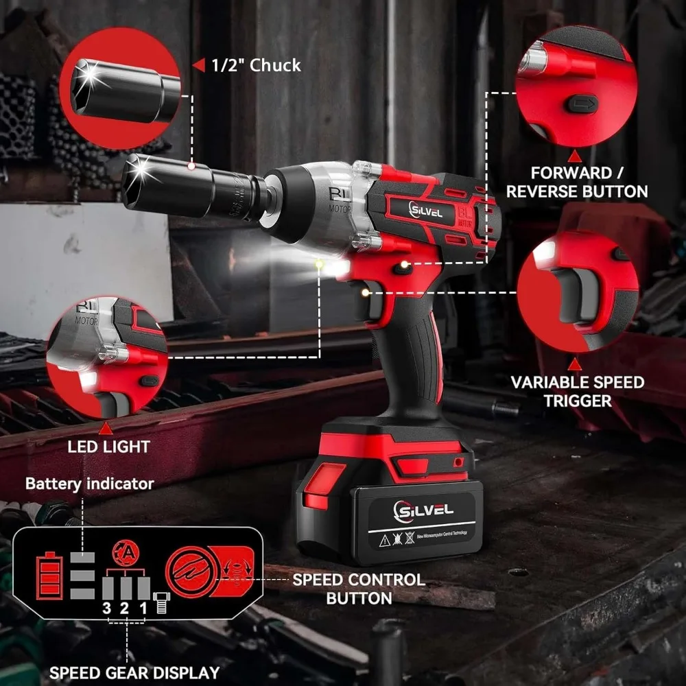 مفتاح ربط لاسلكي 1/2 بوصة، عزم دوران 700 نيوتن متر، محرك بدون فرشاة 21 فولت مع بطارية ومآخذ لإصلاح السيارات #5