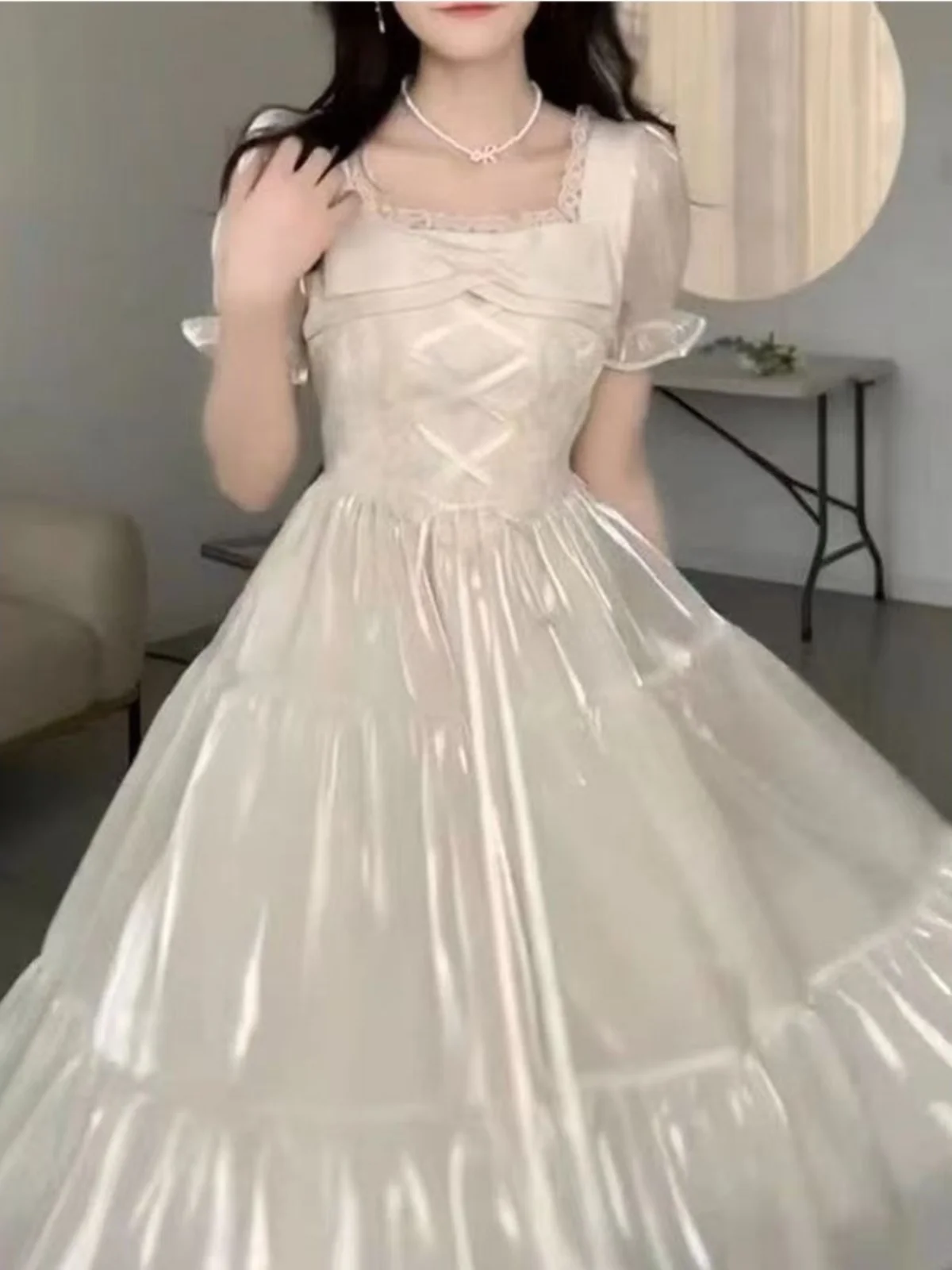 

Женское летнее платье Ele Princ Sle Dr с квадратным вырезом, эффектом пузырьков, средней длины, в стиле Gentle Wind, цельное, премиум-класса