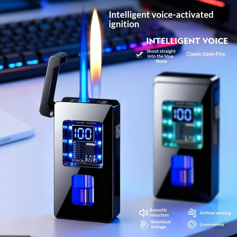 2025 Intelligent Voice Controlled Ignition Dual Flame Butane Gas Lighter Visual Gas Window Outdoor Portable Electric Lighters