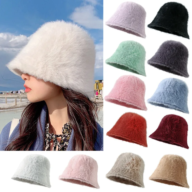 Classic Design Imitation Rabbit Fur Bucket Hat Autumn Winter Plush Korean Version Versatile Bucket Hat Warm Basin Hat Female