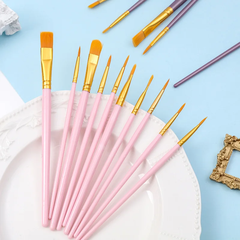 Art Painting Brushes 10pcs Kit Nylon Bristles Plastic Rod Liner Paintbrushes for DIY Hand Drawing, Gouache & Oil Paint