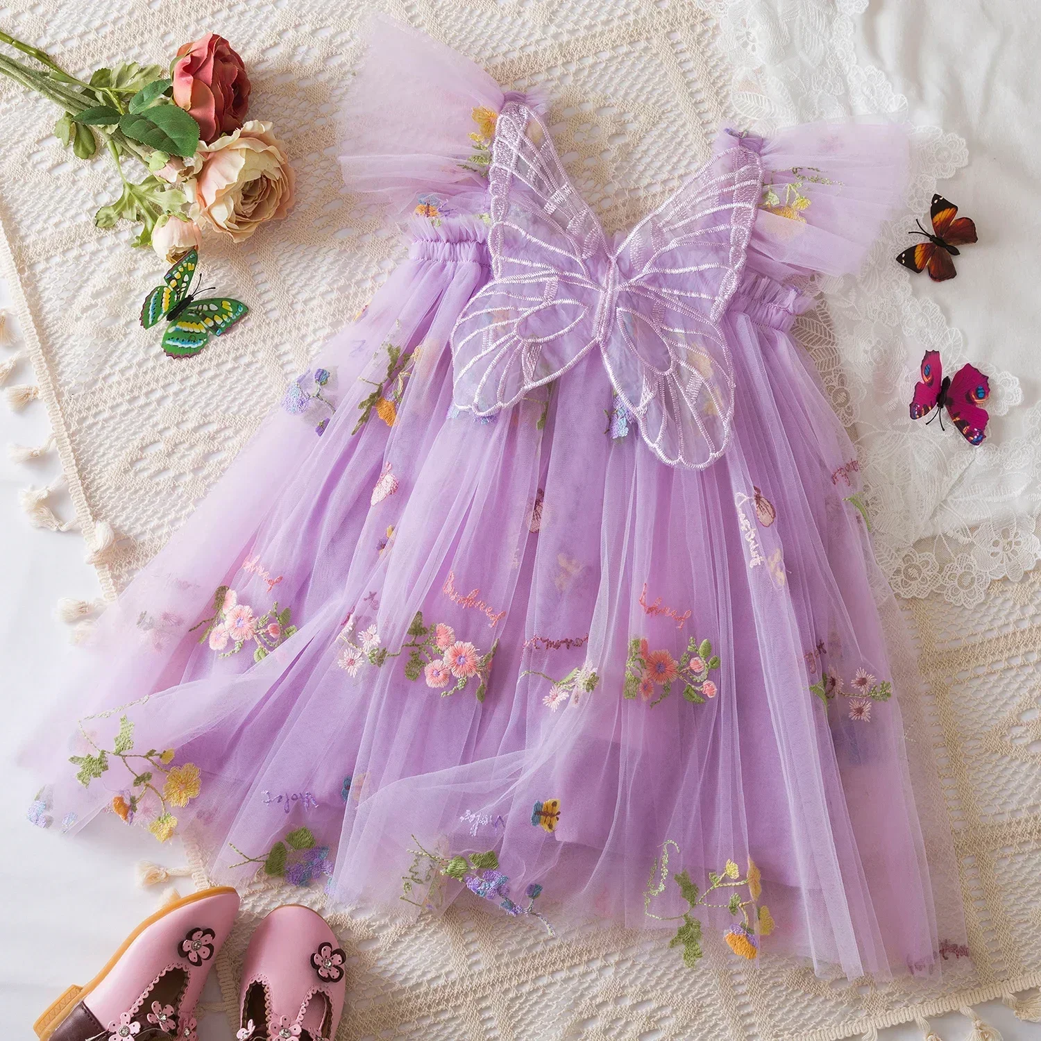 New Baby Girls Birthday Party Evening Dresses Back Butterfly Wings Children Clothes Sweet Floral Embroidery Toddler Kids Costume