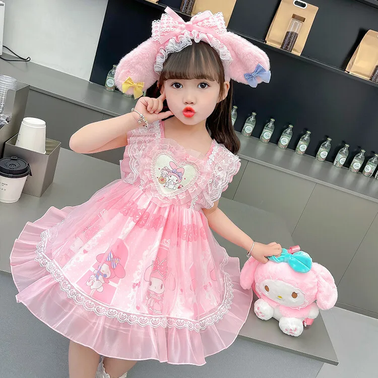 Kawaii Kuromi My Melody Girls Summer Suspender Princess Dress Anime Sanrio Girly Heart Cute Lolita Skirt Dress Girls Gifts