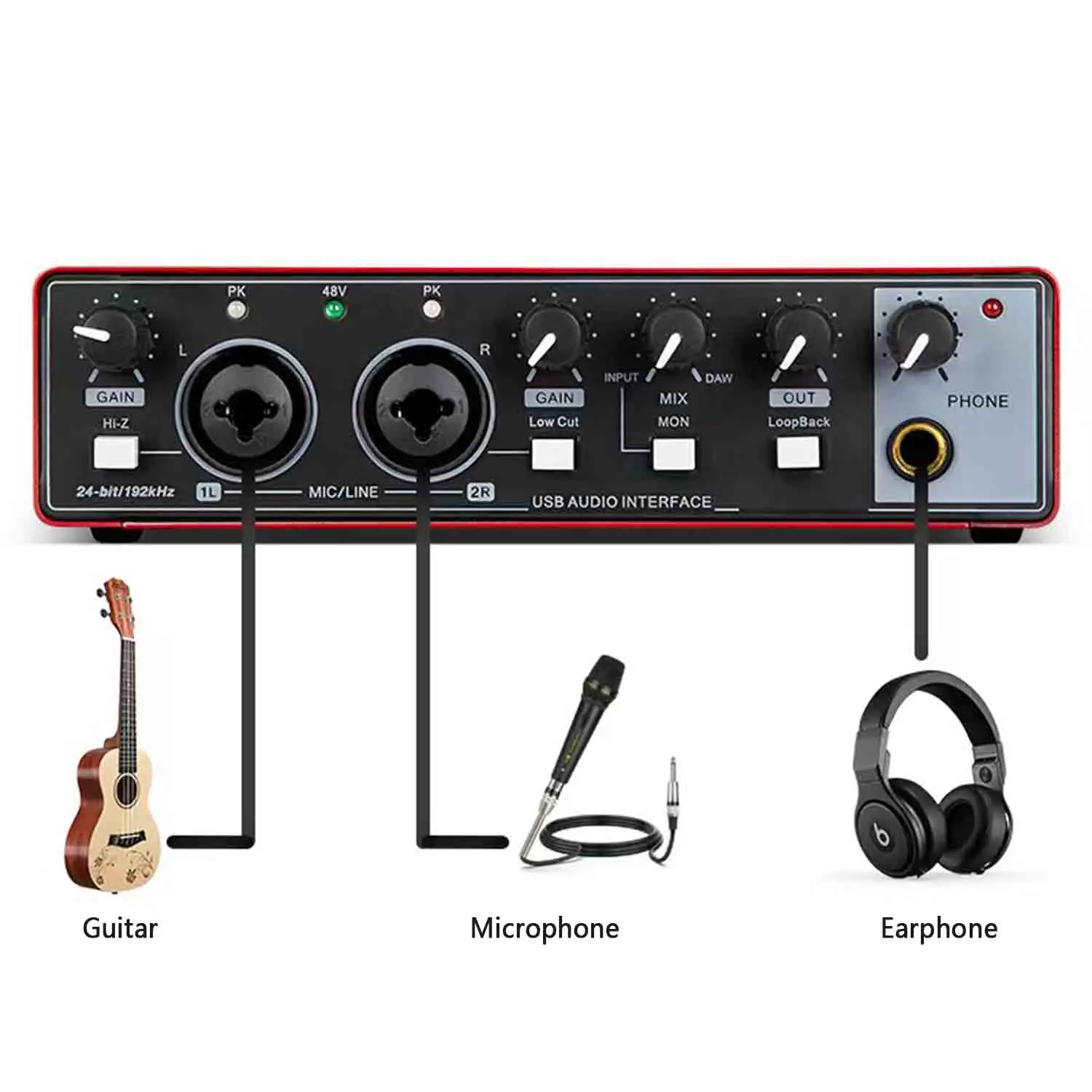 Tarjeta de sonido para grabación de estudio, interfaz de Audio USB profesional, equipo de sonido con monitoreo en bucle, Phantom de 48V para