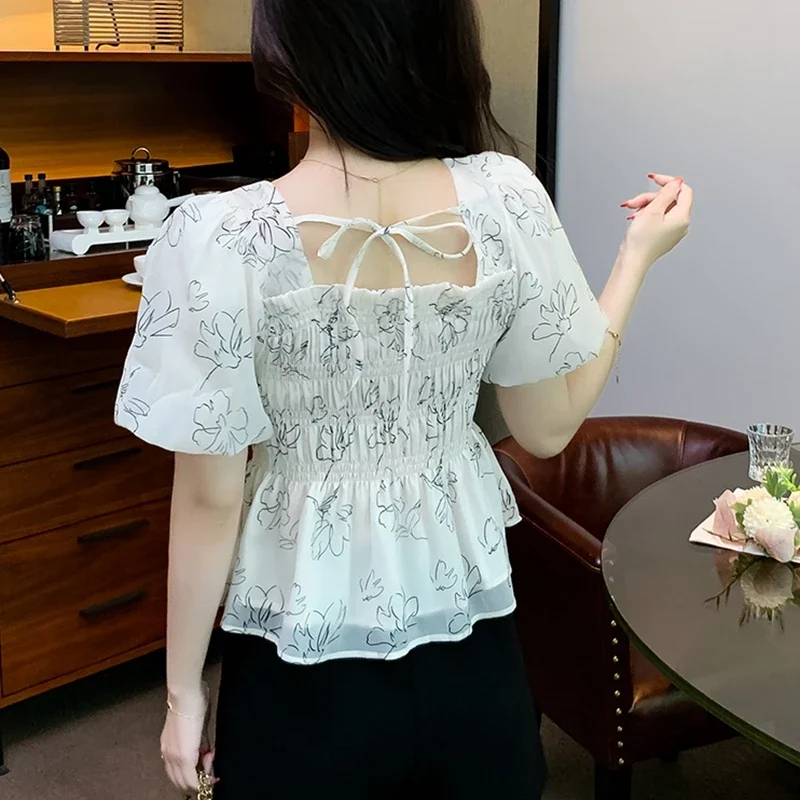 Vintage Summer Chiffon Blouses Women 2024 Elegant Fashion Short Sleeve Causal Blusas Mujer Slim Corset Puff Sleeve Ladies Tops