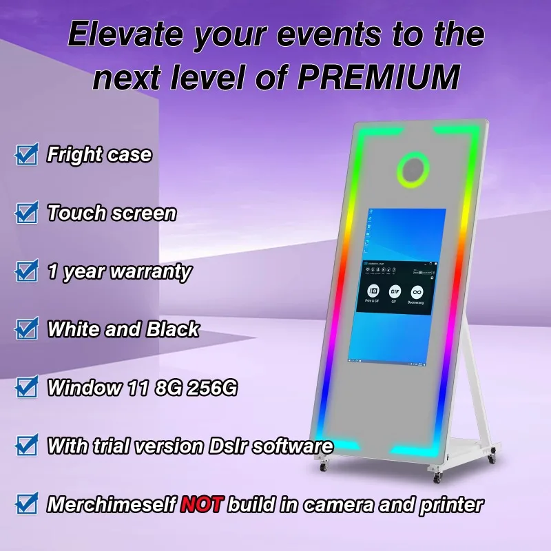 70-Inch Industrial LCD Screen Magic Mirror Photo Booth 1500D Camera Flight Case Flash Light 4K Resolution Remote