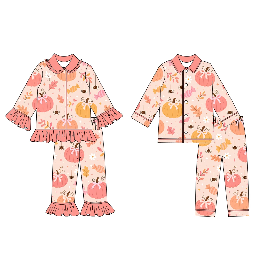 Boys Girls Thanksgiving Day Set Long Sleeve Button Down Top Trousers 2Pcs Kids Ruffle Pumpkin Pie and Bow Print