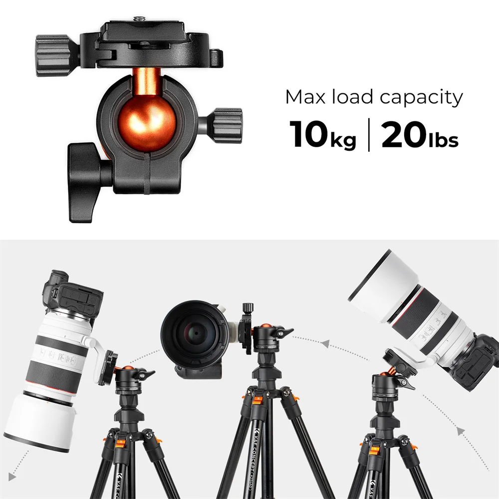 K&F Concept Aluminum Travel Tripod Outdoor 63.8inch/163cm Portable Outdoor Tripod with Mobile Phone Clip for Canon Sony Nikon