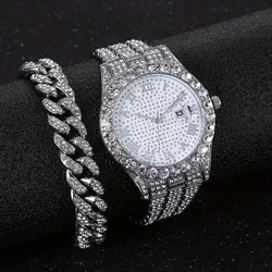 1pc Men's Calendar Rhinestone Studded Quartz Wristwatch With Alloy Steel Strap And 1pc Rhinestone Strap, Ideal choice for Gifts