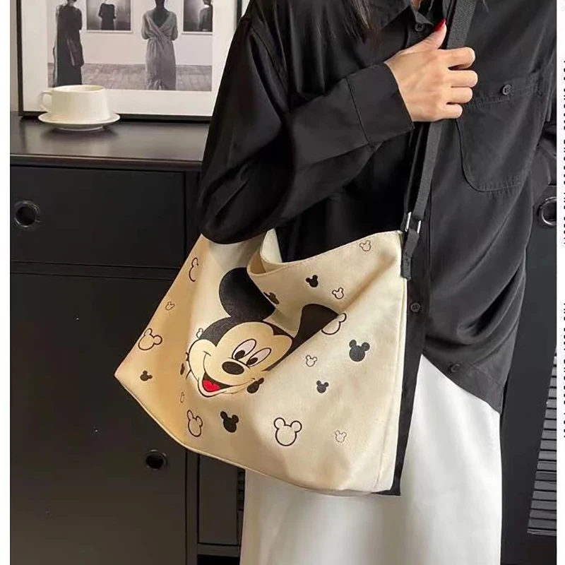 Sacola Disney grande capacidade para mulheres, carta kawaii Mickey Mouse, bolsa de ombro para meninas, bolsa de desenho animado