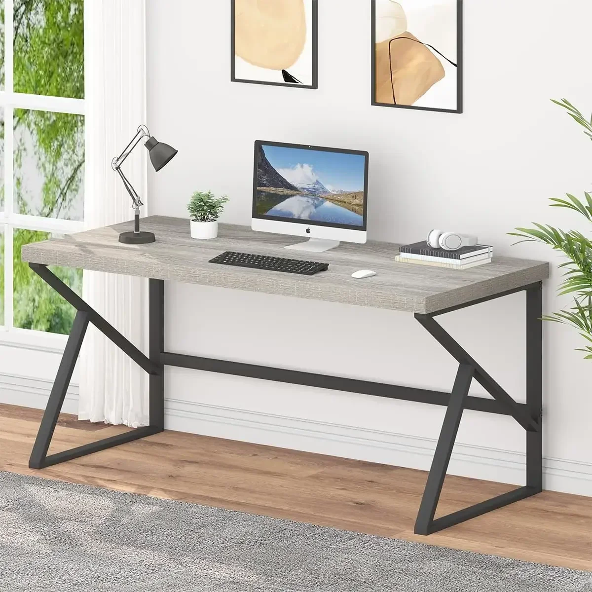 Furniture suppliesHSH Large Computer Desk, Industrial Metal Wood Gray Home Office Desk, Modern Long Work Study Writing Gaming Ta