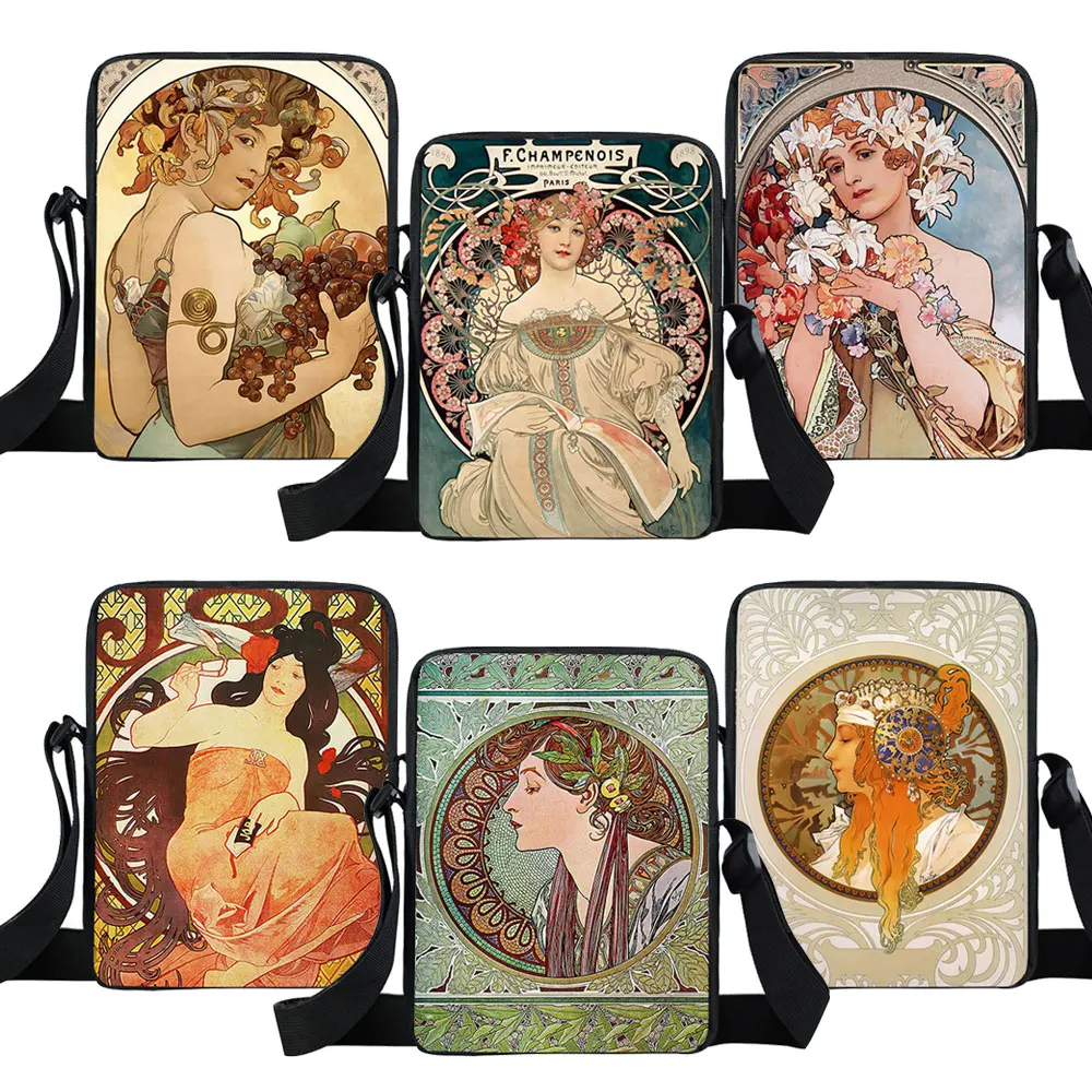 Obraz olejny Alphonse Mucha Print Crossbody torebka damska torebka listonoszka telefon dowód osobisty klucz na ramię uchwyt na torebkę torby na książki