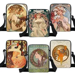 Olieverfschilderij Door Alphonse Mucha Print Crossbody Tas Vrouwen Handtas Messenger Bags Telefoon Id Card Sleutel Schoudertas Houder Boekentassen