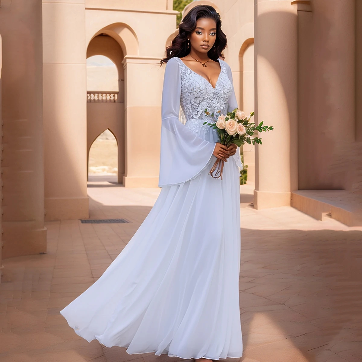 

Classic Chiffon V Neck Wedding Dresses Long Sleeve A Line Ball Gown For Bride Backless Bridal Party Gown With Train