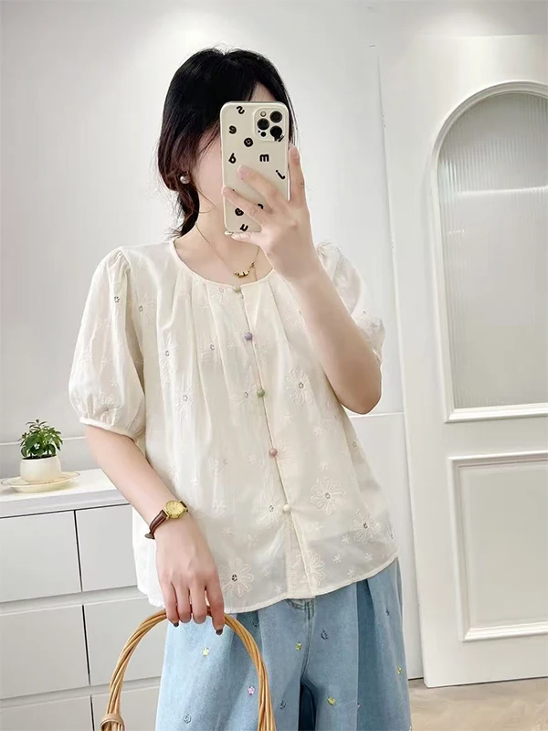 Coreano Sle rotondo Ne Ricamato irt Donna Estate Bubble Sve Anti-età Unico Piccolo Qualify Top Miscela di cotone ort S...