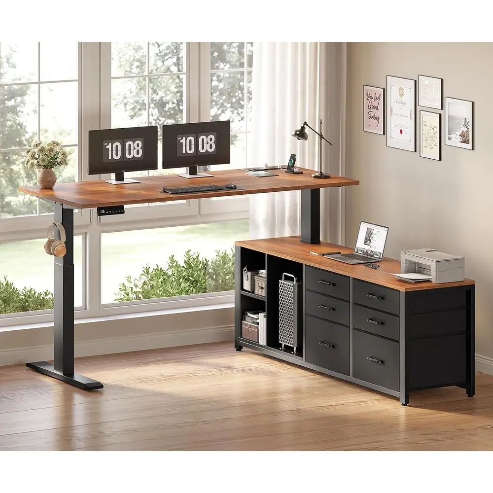 55x55 L-Shaped Electric Desk, Adjustable Height, 6 Fabric Drawers, Storage, Power Outlet, Black/Brown