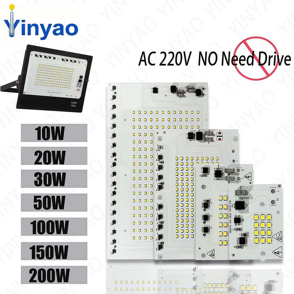 Image of AC220V Hochleistungs-Flutlichtplatine, weiß, 10 W, 20 W, 30 W, 50 W, 100 W, 150 W, 200 W, SMD 2835 Chips, Smart IC, treiberfreie Lichtquellenplatine