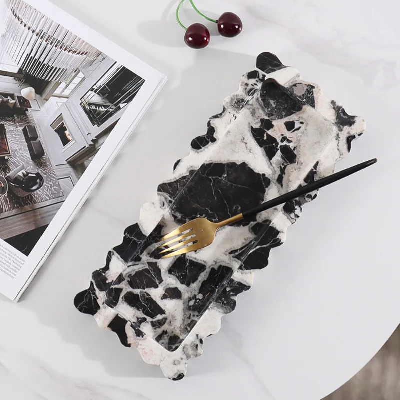 30x13x2.5CM Natural Marble Rectangular Narrow Edged Scallop Tray Design Ornament Home Desktop Fruit Snack Storage Tray Decorate
