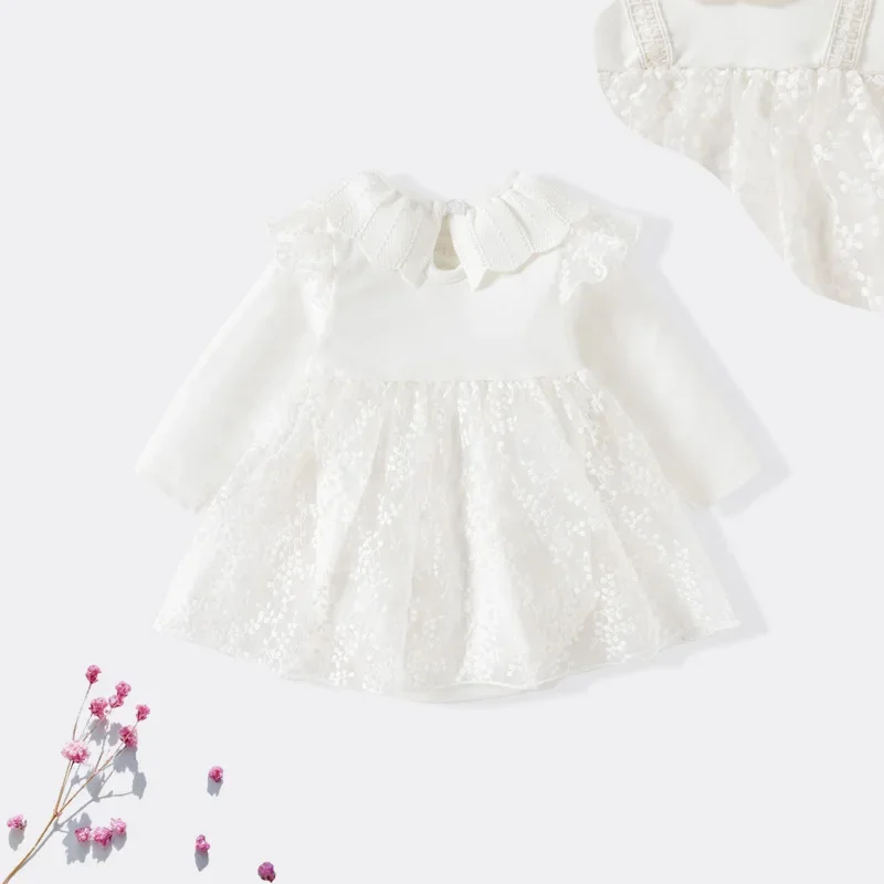 2024 Baby Girl Clothes One-Piece Autumn Kid's Velvet Western-Style Skirt Clothing Sweet White Mesh Harper Hundred Days Dresses